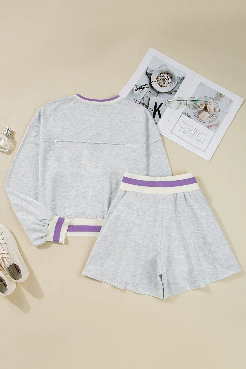 Premium Light Grey Contrast Striped Cropped Pullover And Short Set Dear-Lover Dropshipping